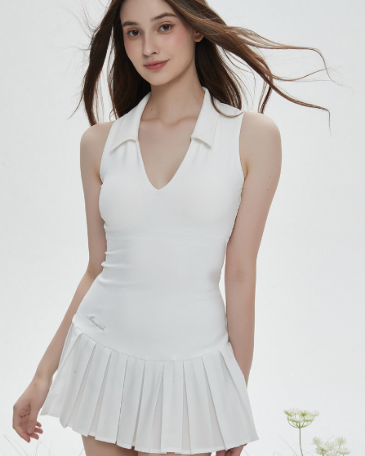 Sleeveless Back Lace Pleated Mini Dress【M0022】