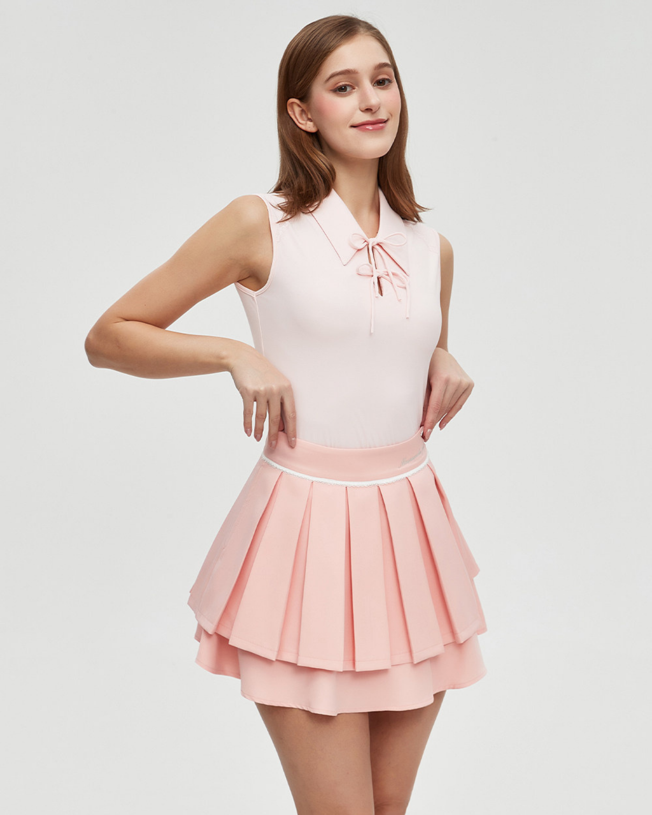 Ribbon Tie Sleeveless  Double Layer Tiered Tops & Skirt Setup【M0029】