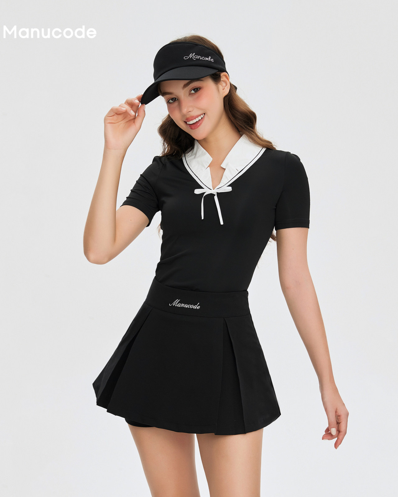 Ribbon Stand Collar Polo Tops & Skirt Setup【M0016】
