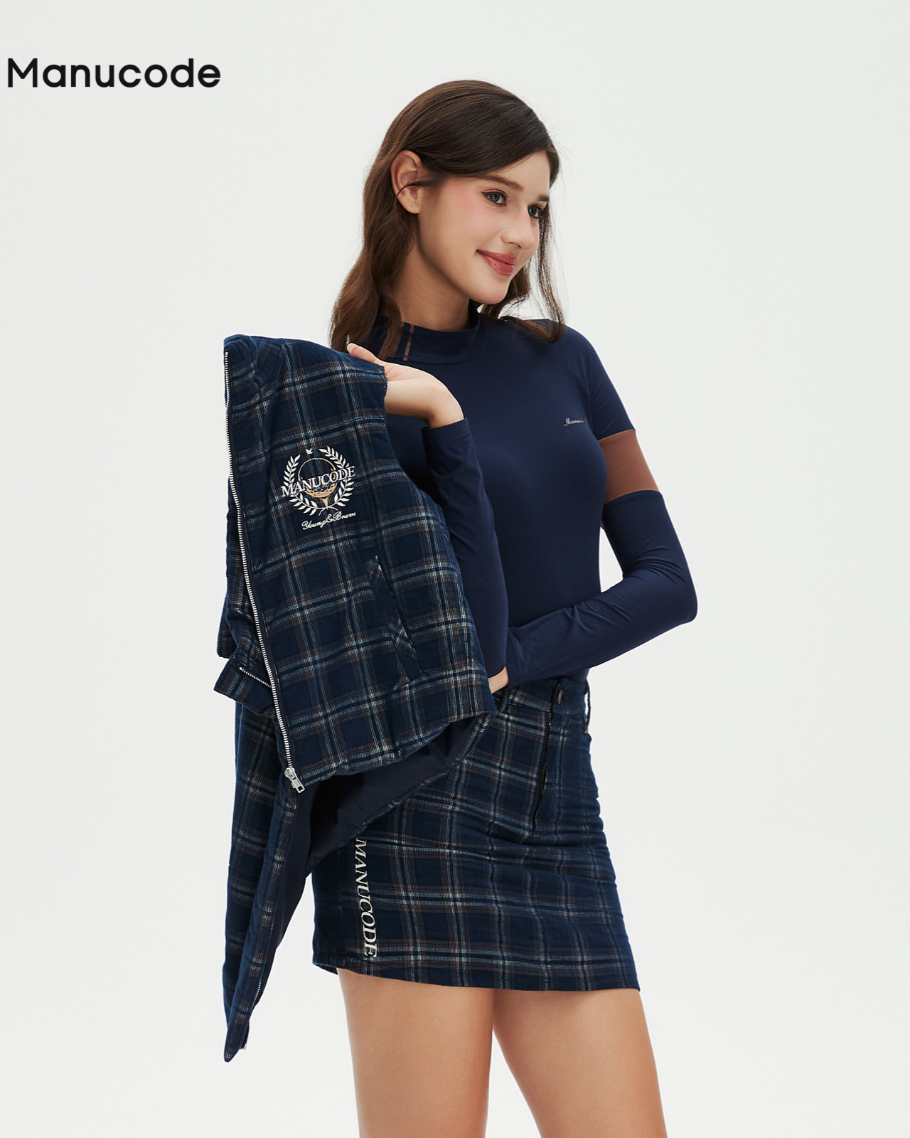 Plaid Long Sleeve Tops & Vest & Skirt Setup【M0018】