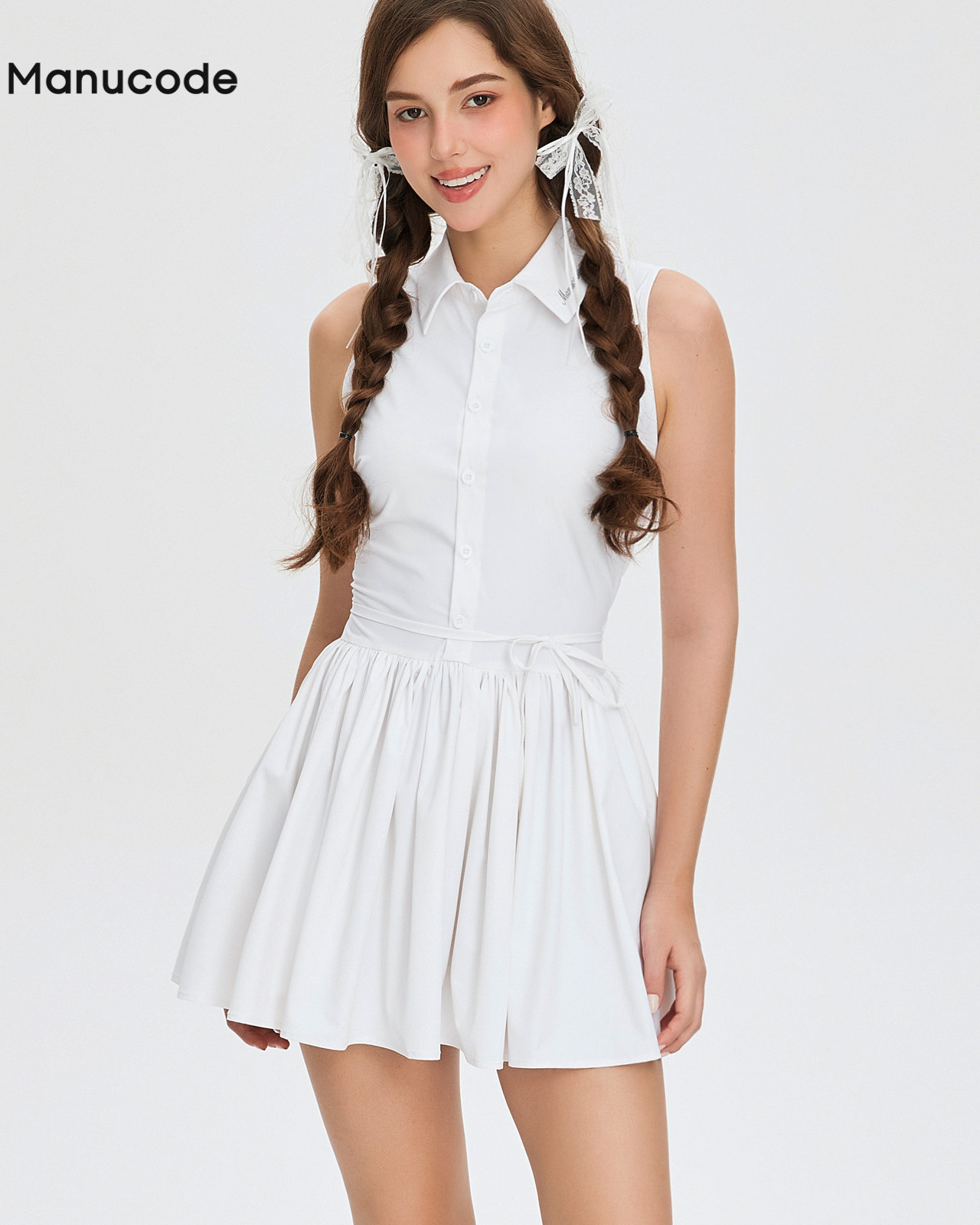 Sleeveless Ribbon Gathered Mini Dress【M0024】