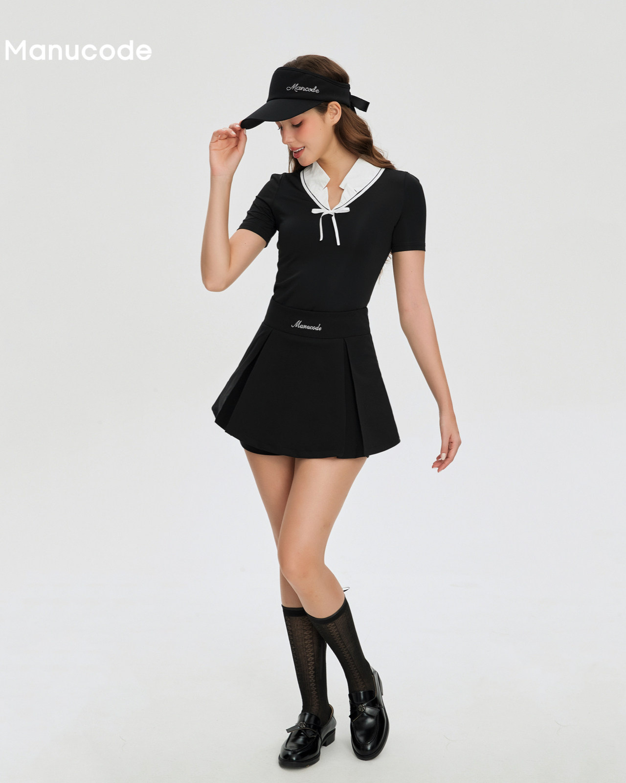 Ribbon Stand Collar Polo Tops & Skirt Setup【M0016】