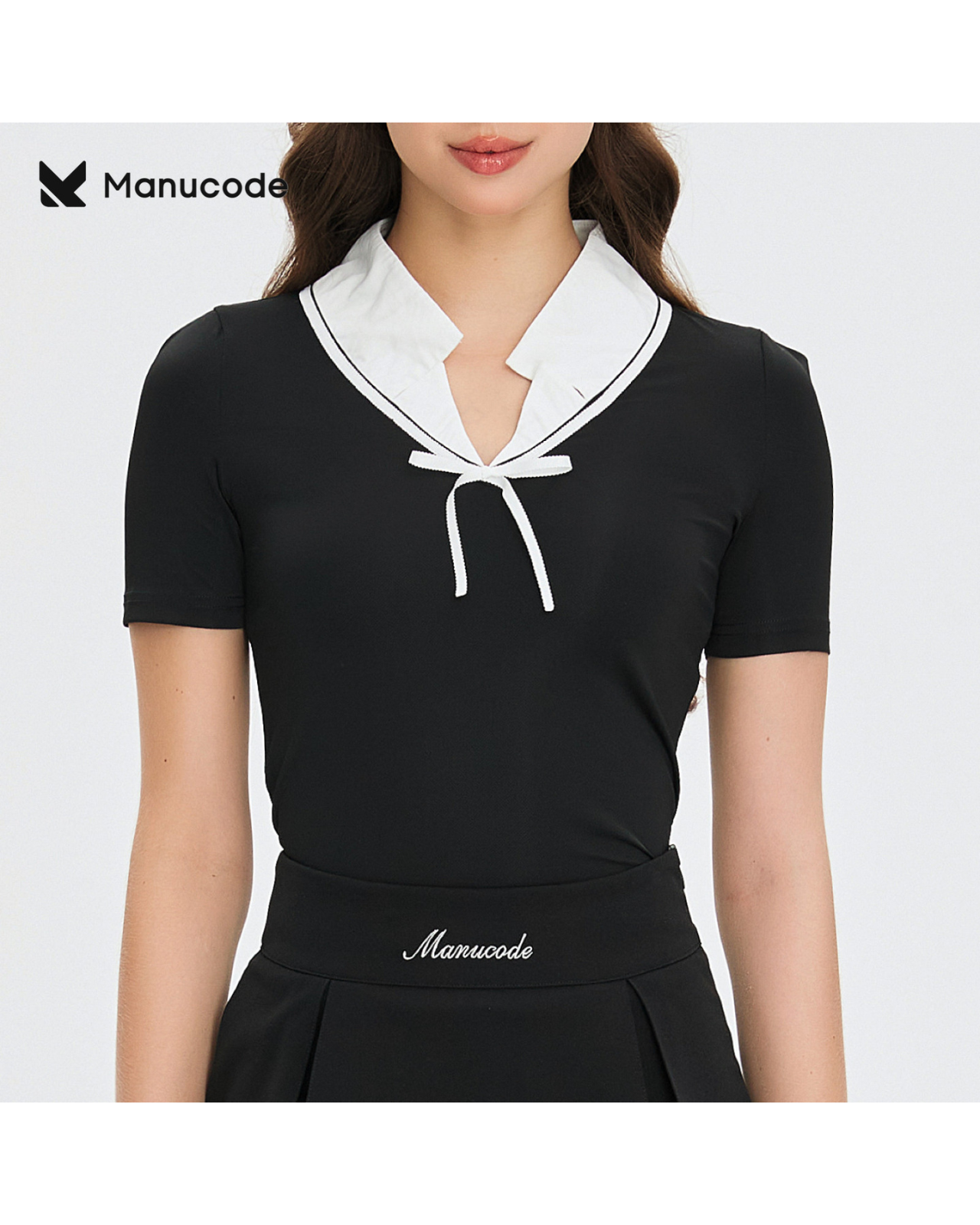 Ribbon Stand Collar Polo Tops & Skirt Setup【M0016】