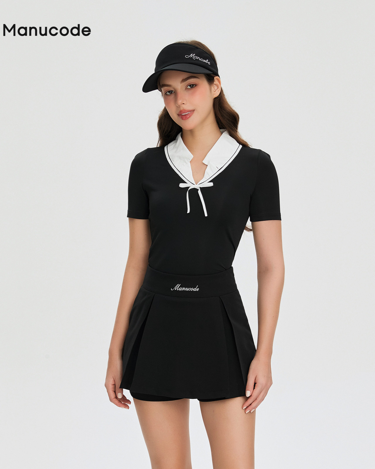 Ribbon Stand Collar Polo Tops & Skirt Setup【M0016】