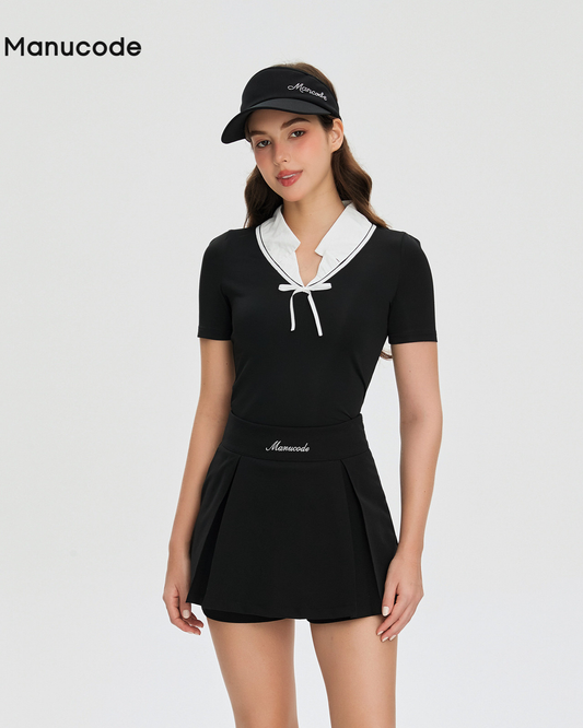 Ribbon Stand Collar Polo Tops & Skirt Setup【M0016】