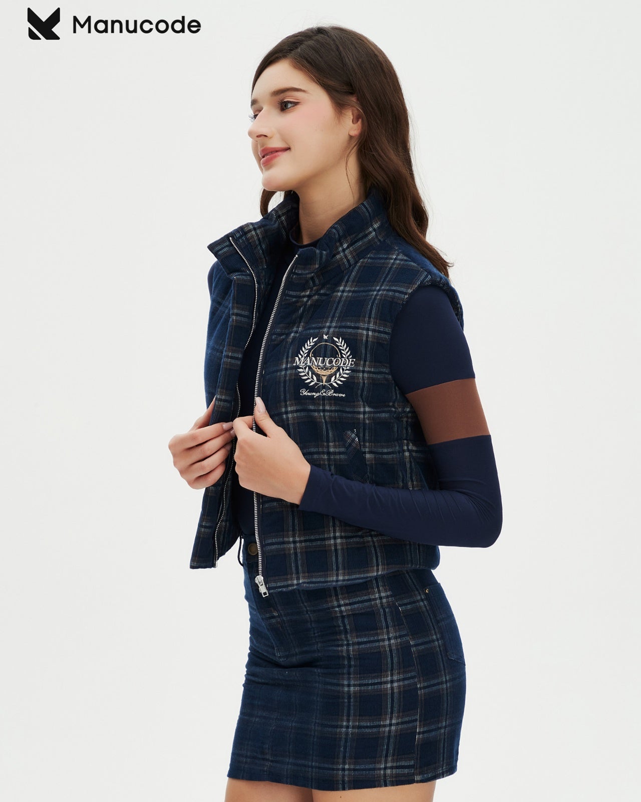 Plaid Long Sleeve Tops & Vest & Skirt Setup【M0018】